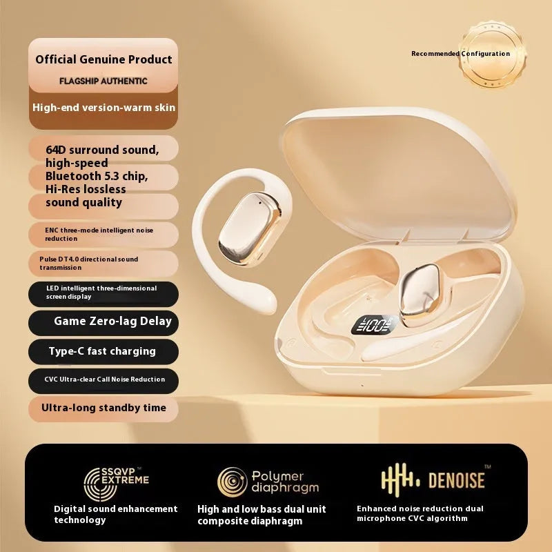 Ear-mounted headphones with digital display screen in skin colour, black, and white options.