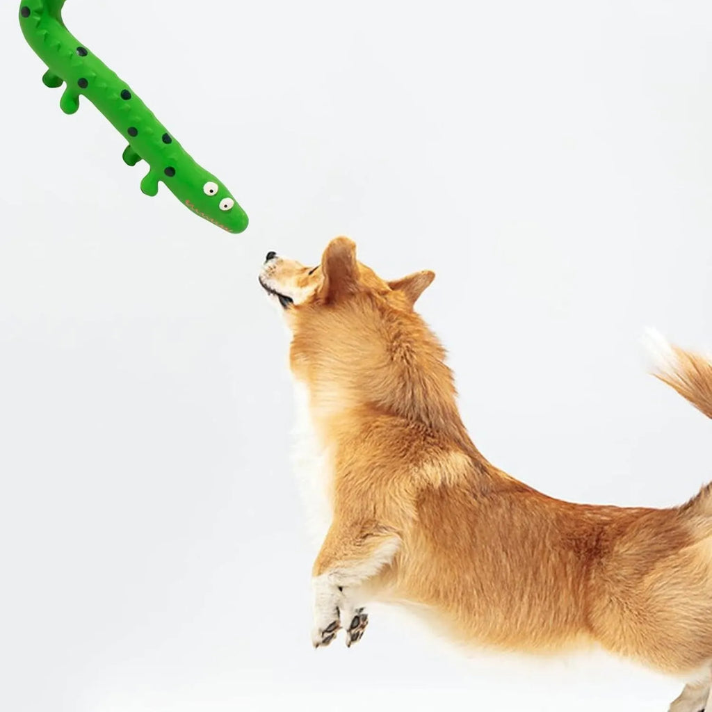 Green cartoon lizard-shaped latex dog chew toy with squeaker for aggressive chewers.