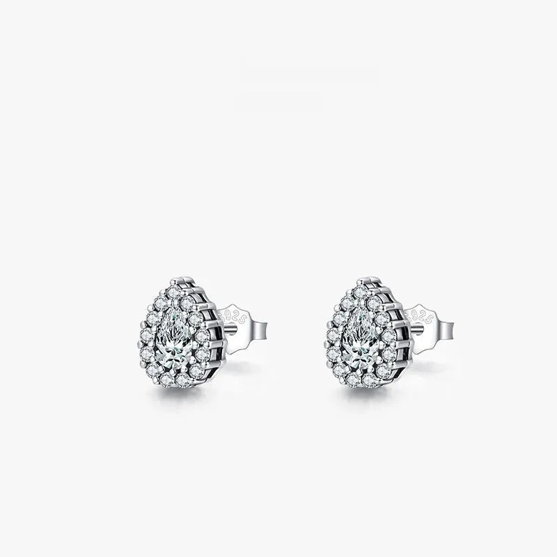 A pair of women's silver water drop shaped stud earrings made from 925 sterling silver.