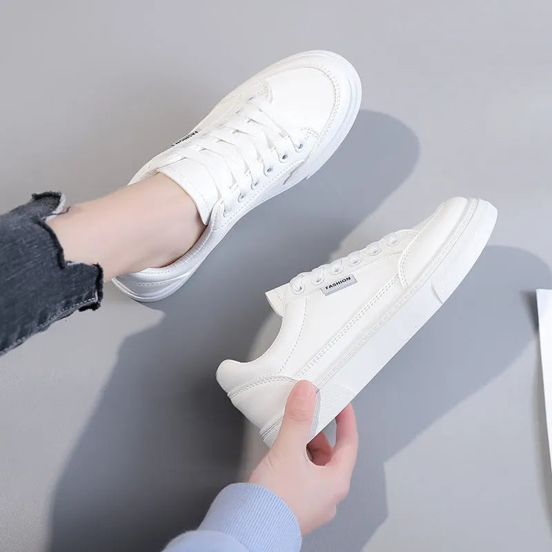 Korean style white and brown low top women's sneakers with artificial PU upper