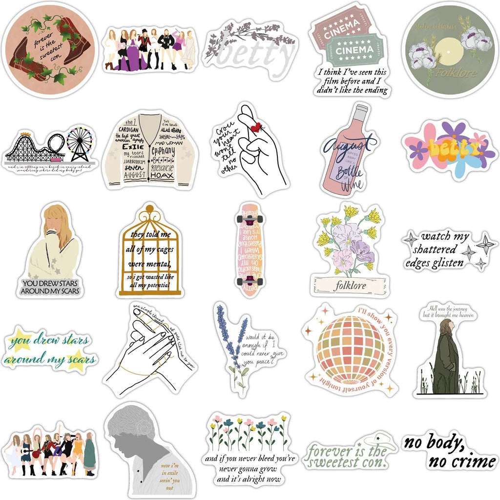 50 sheets of colourful graffiti cartoon pattern waterproof stickers, each 4-6cm long, on a white background.