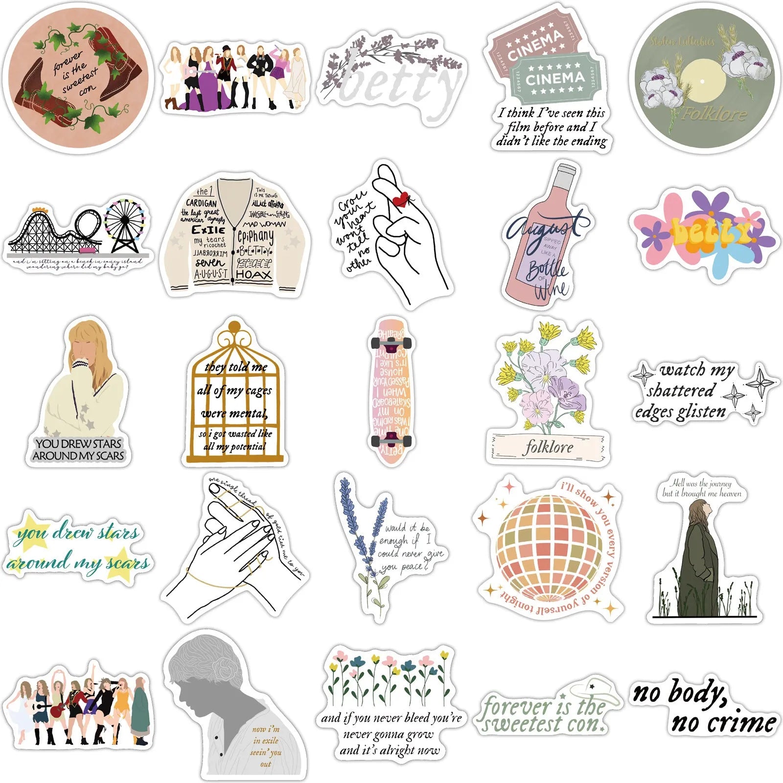 50 sheets of colourful graffiti cartoon pattern waterproof stickers, each 4-6cm long, on a white background.