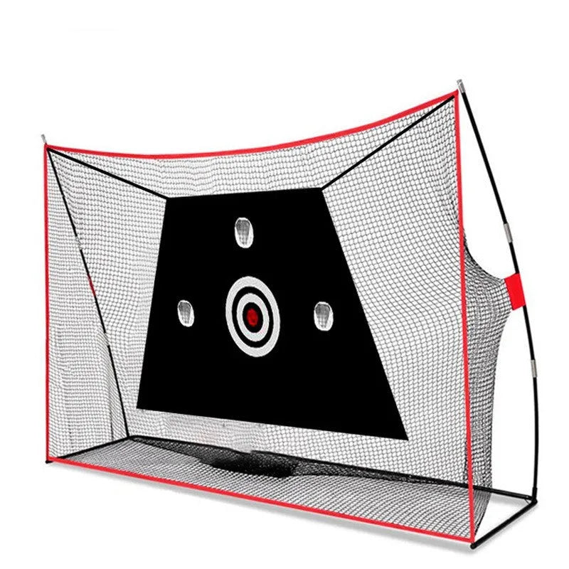 Golf swing wedge training net kit with cross target, straw mat, and practice balls