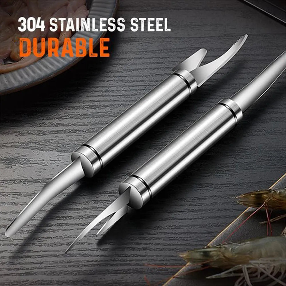 Multifunctional stainless steel shrimp remover with eagle-beak design and double row of blades on a clean surface