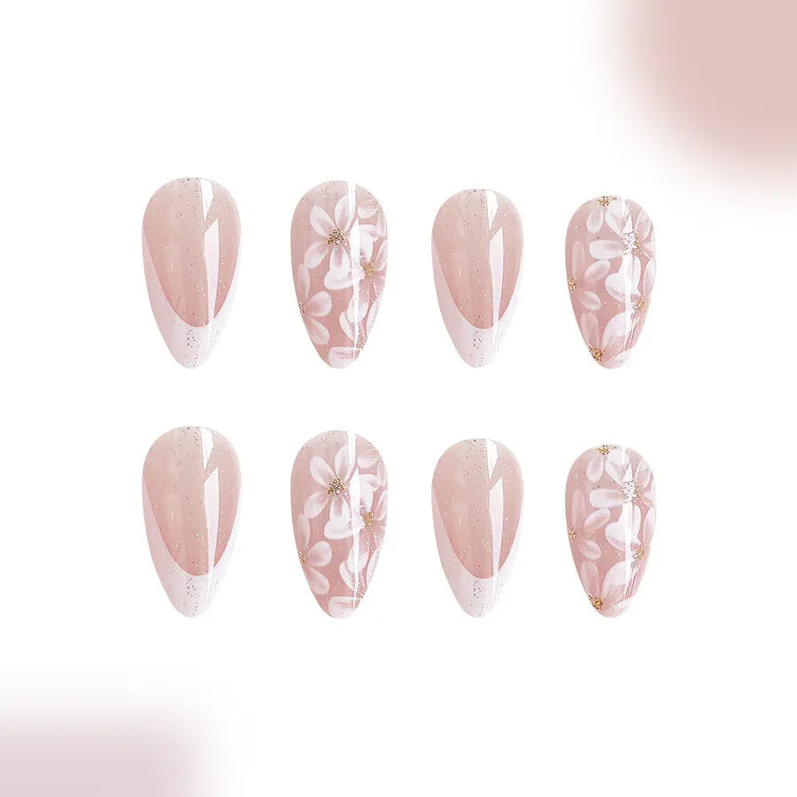 French style glossy short almond artificial nails with glitter powder floral patterns in colour C625