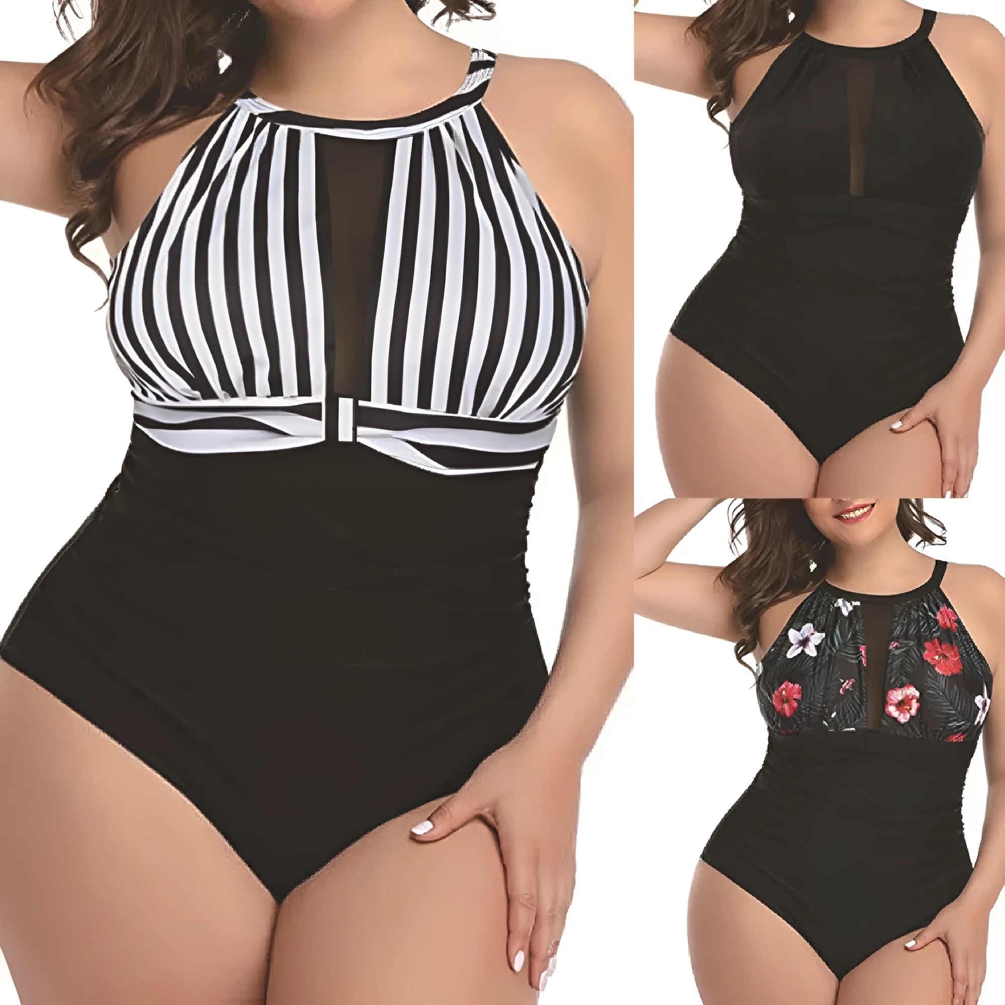 Women's black, red flower, and striped polyester lace one-piece swimsuit for European and American sizing.