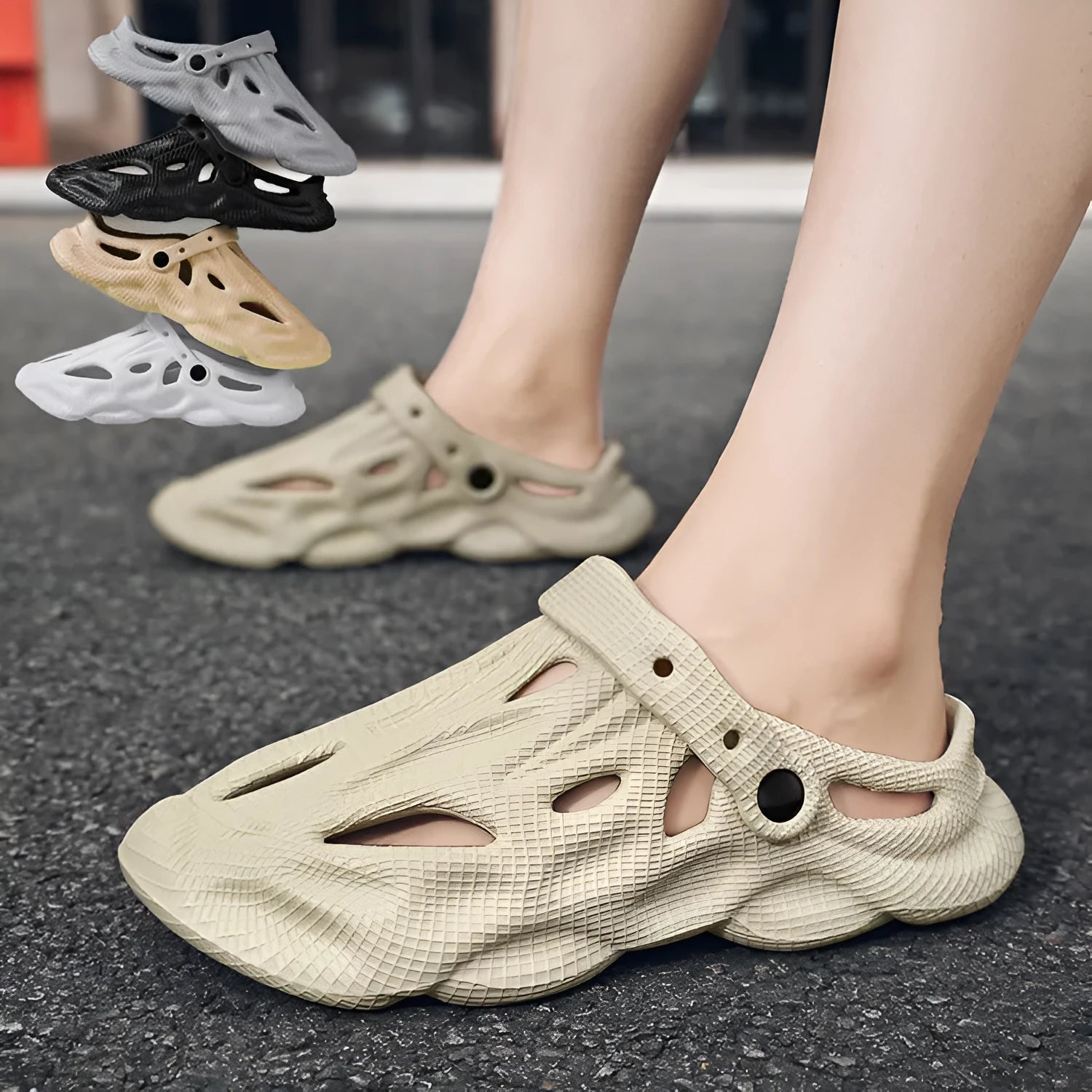 EVA soft men's summer beach shoes in grey colour on sandy surface