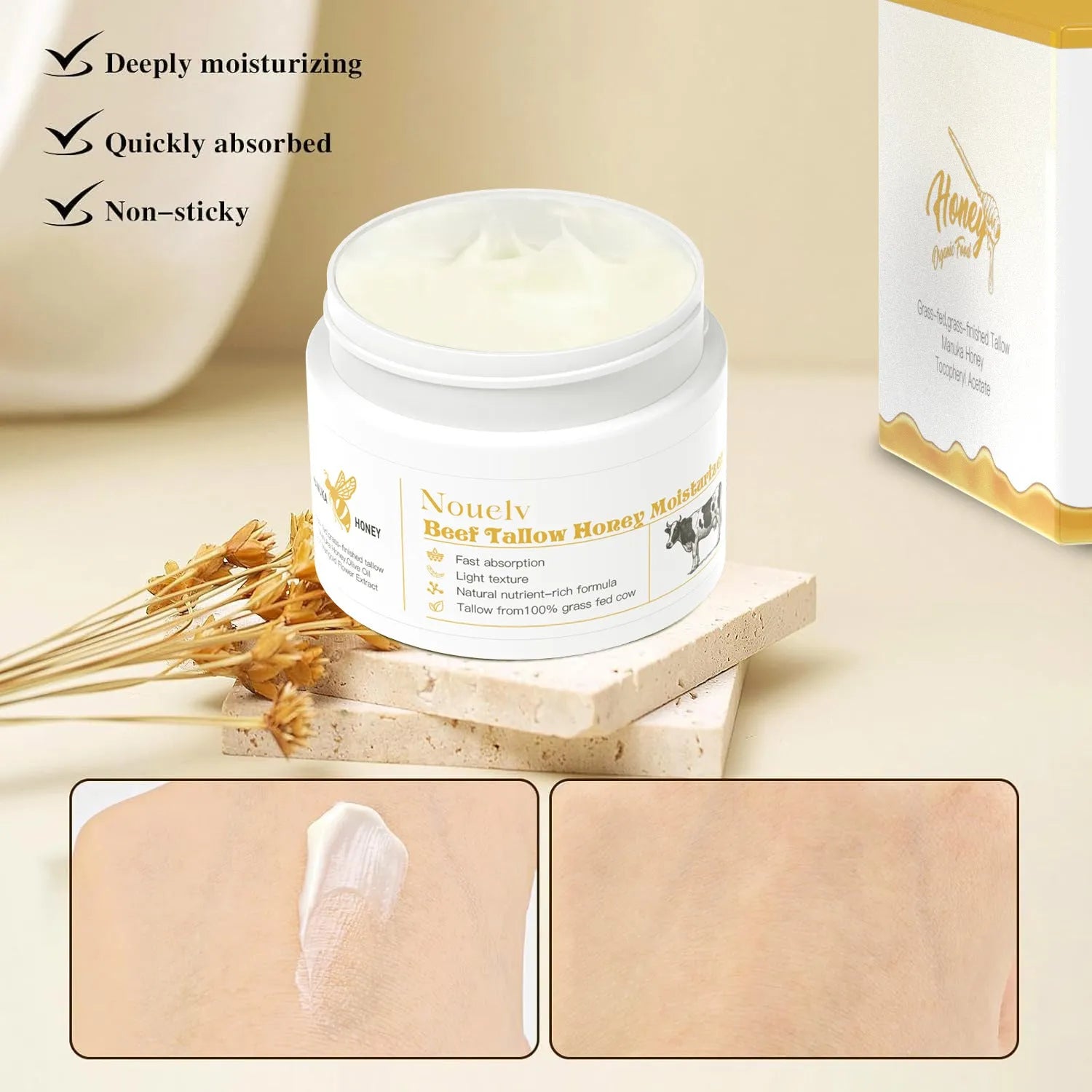 50g glass jar of honey and cow tallow moisturising cream for dry and combination skin.