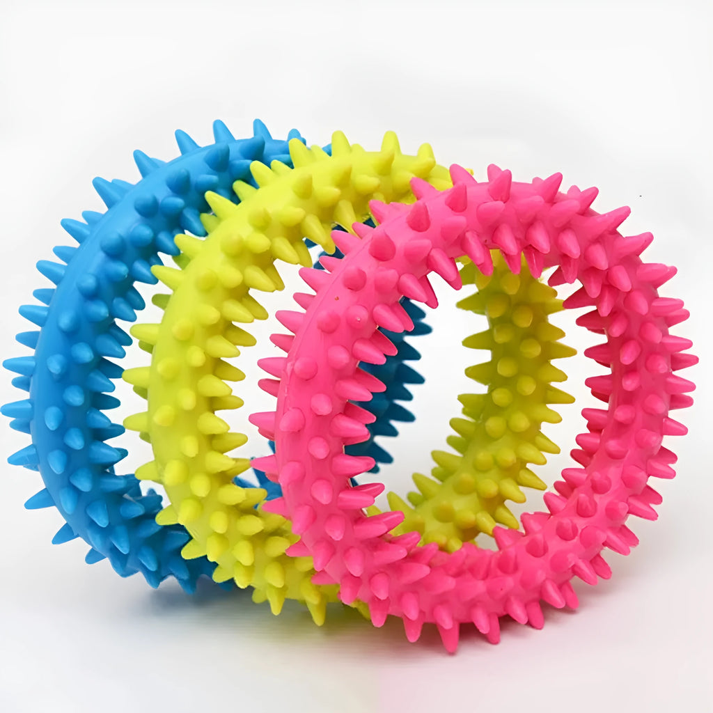 Blue spiky TPR circle ring dog chew toy for dental cleaning and bite training