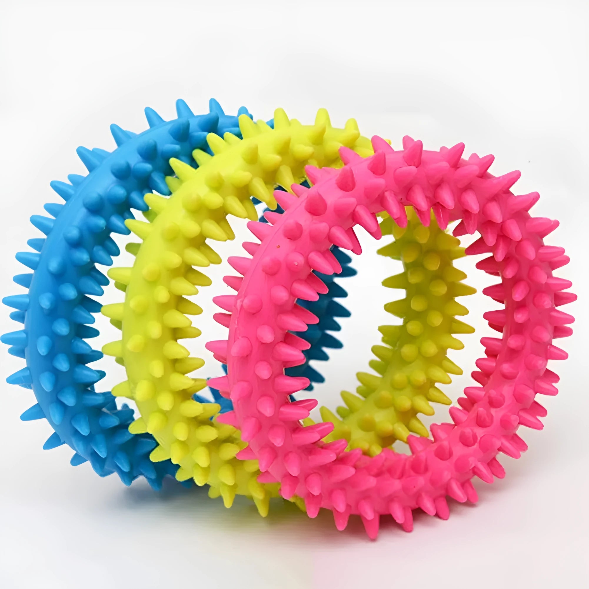 Blue spiky TPR circle ring dog chew toy for dental cleaning and bite training