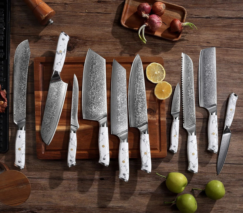 Damascus pattern chef's knife with VG10 steel blade and modern handle for kitchen use