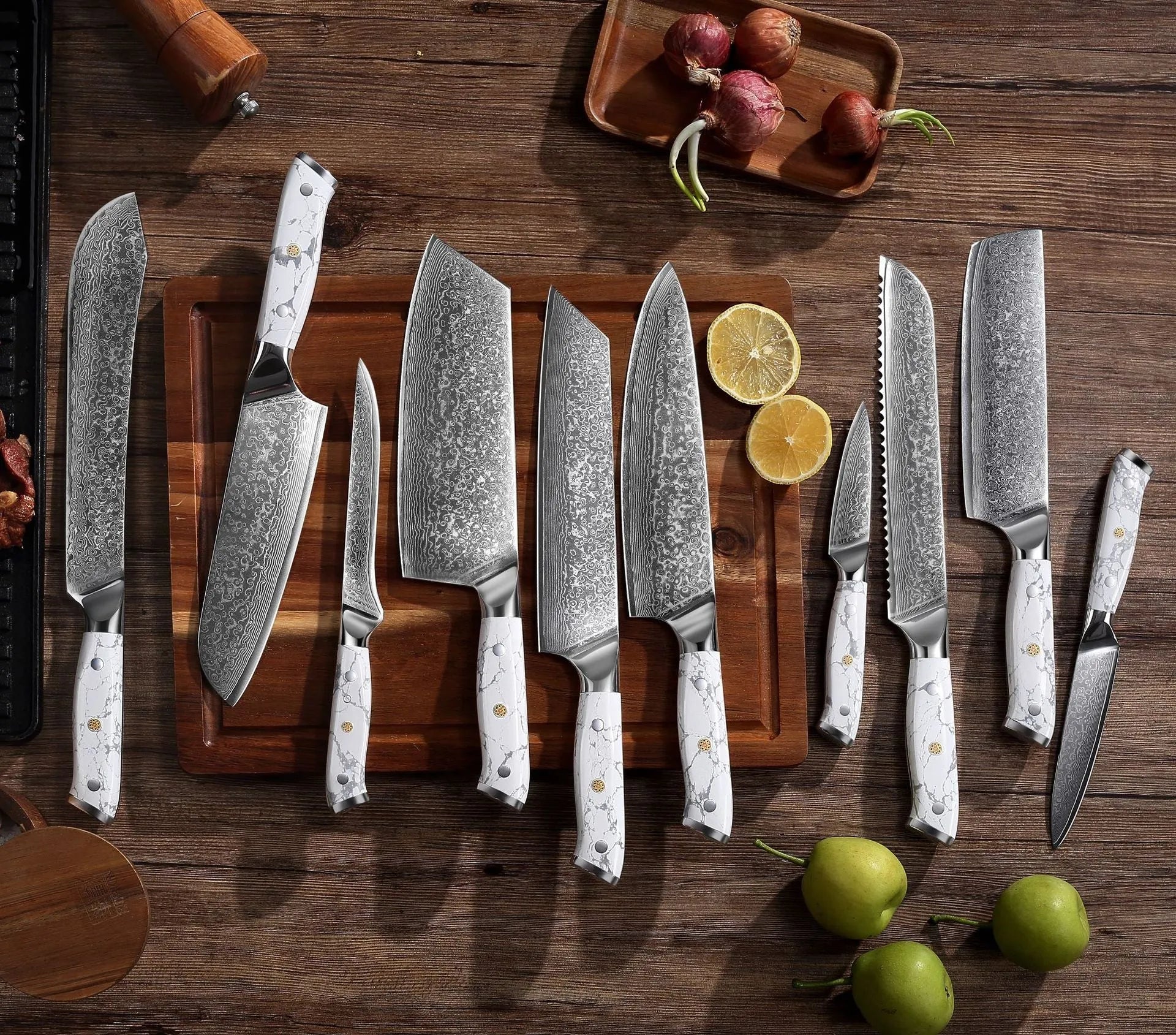 Damascus pattern chef's knife with VG10 steel blade and modern handle for kitchen use