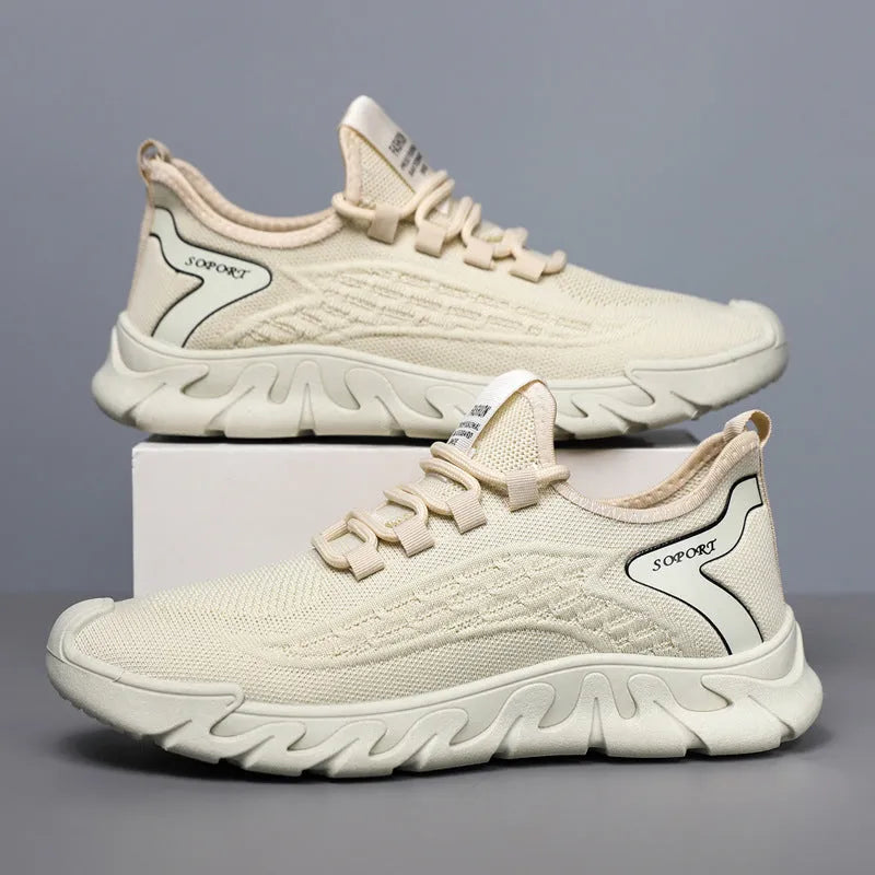 Breathable thin mesh flyknit casual men's sneakers in beige, low top with rubber sole and front lace-up