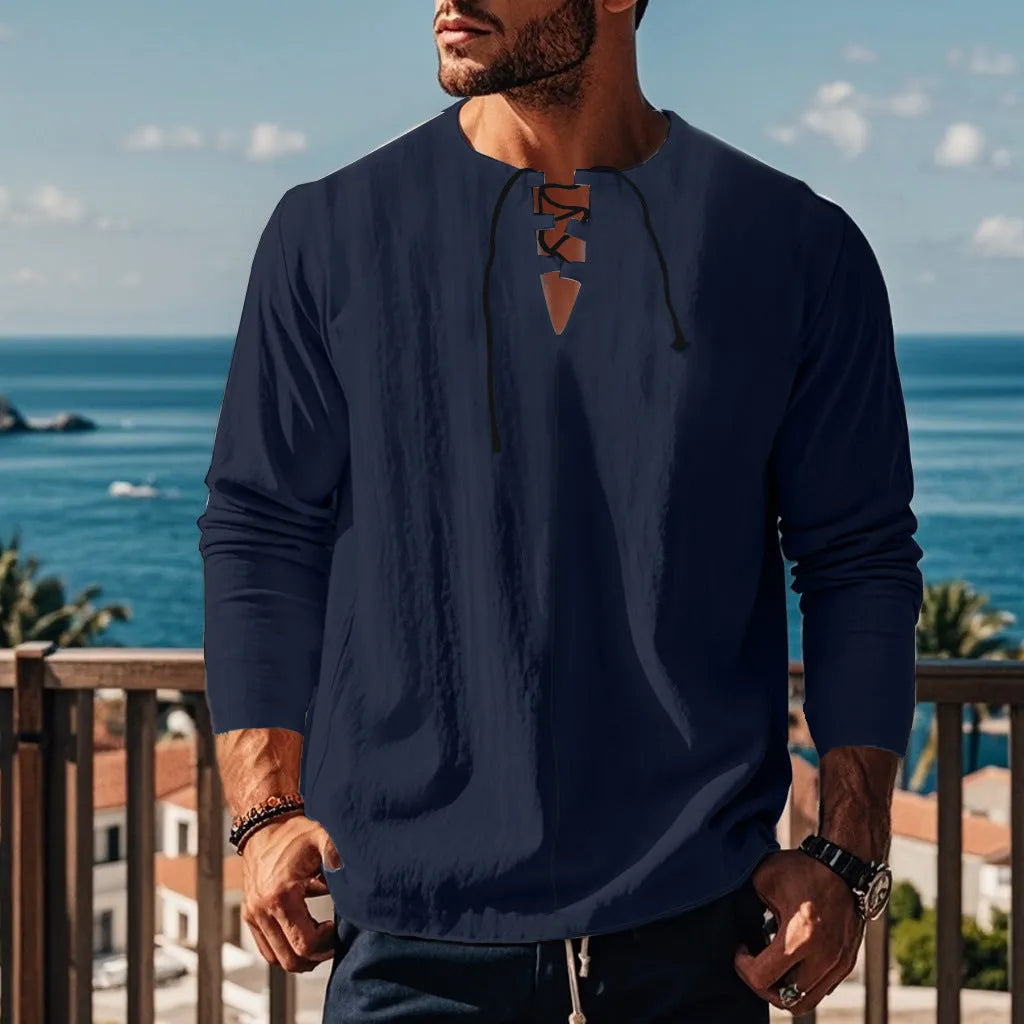 Cotton linen beach shirt in solid colour with loose pullover design showing size options