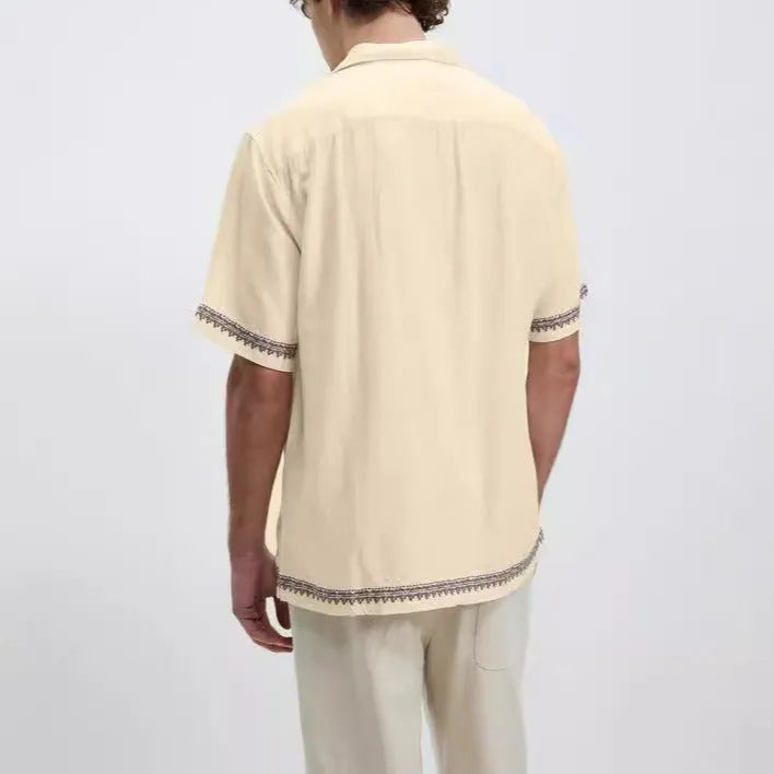 Men's apricot-coloured summer shirt with vintage floral pattern, short sleeves, and lapel collar