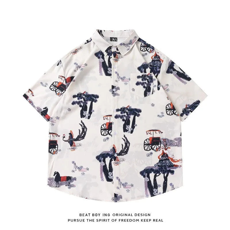 Full printed floral pattern short sleeve shirt in loose fit with cardigan style design