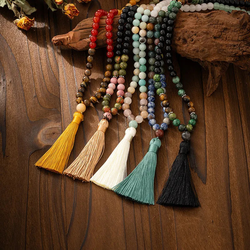 Vintage tassel bohemian style natural stone beaded long sweater chain with geometric round beads and matching bracelet