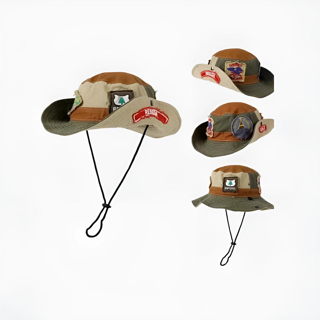 Army Green women's fisherman hat with patchwork design and hand-painted details on cotton fabric
