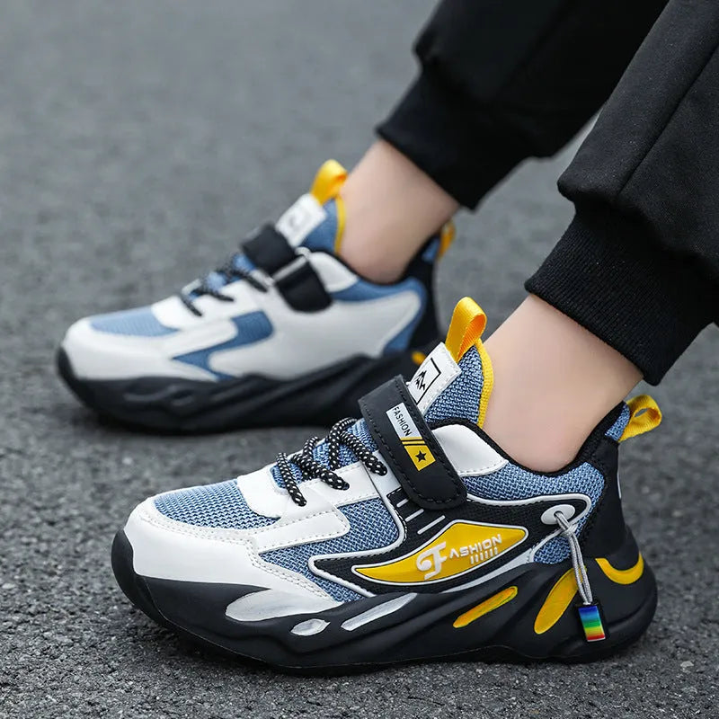 Boys dark blue and black Velcro sports running shoes with a breathable mesh upper