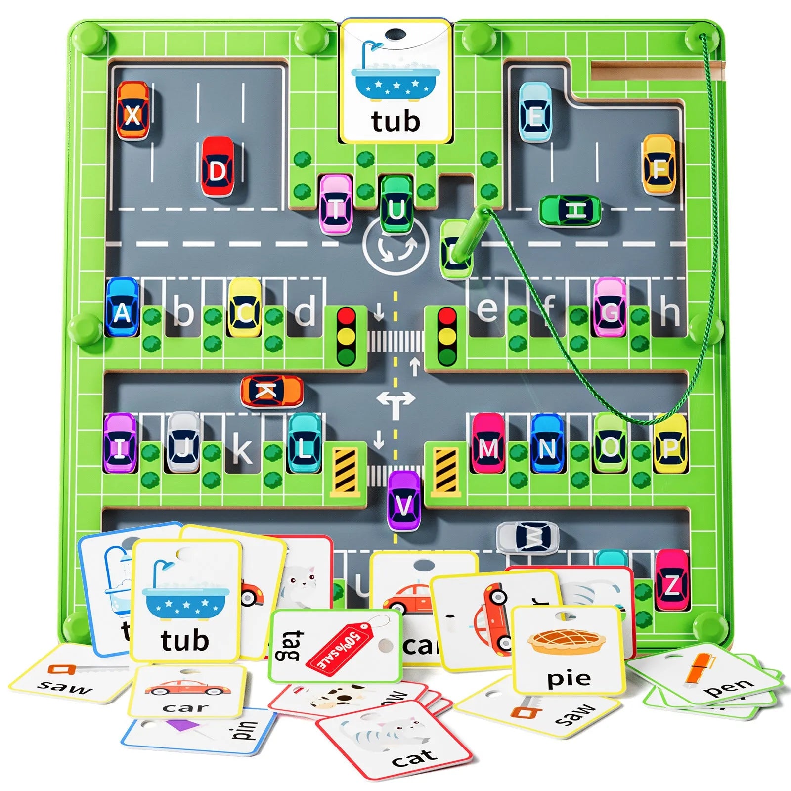 Wooden parking lot magnetic letter pen maze toy for children aged 4-6 years on a white background