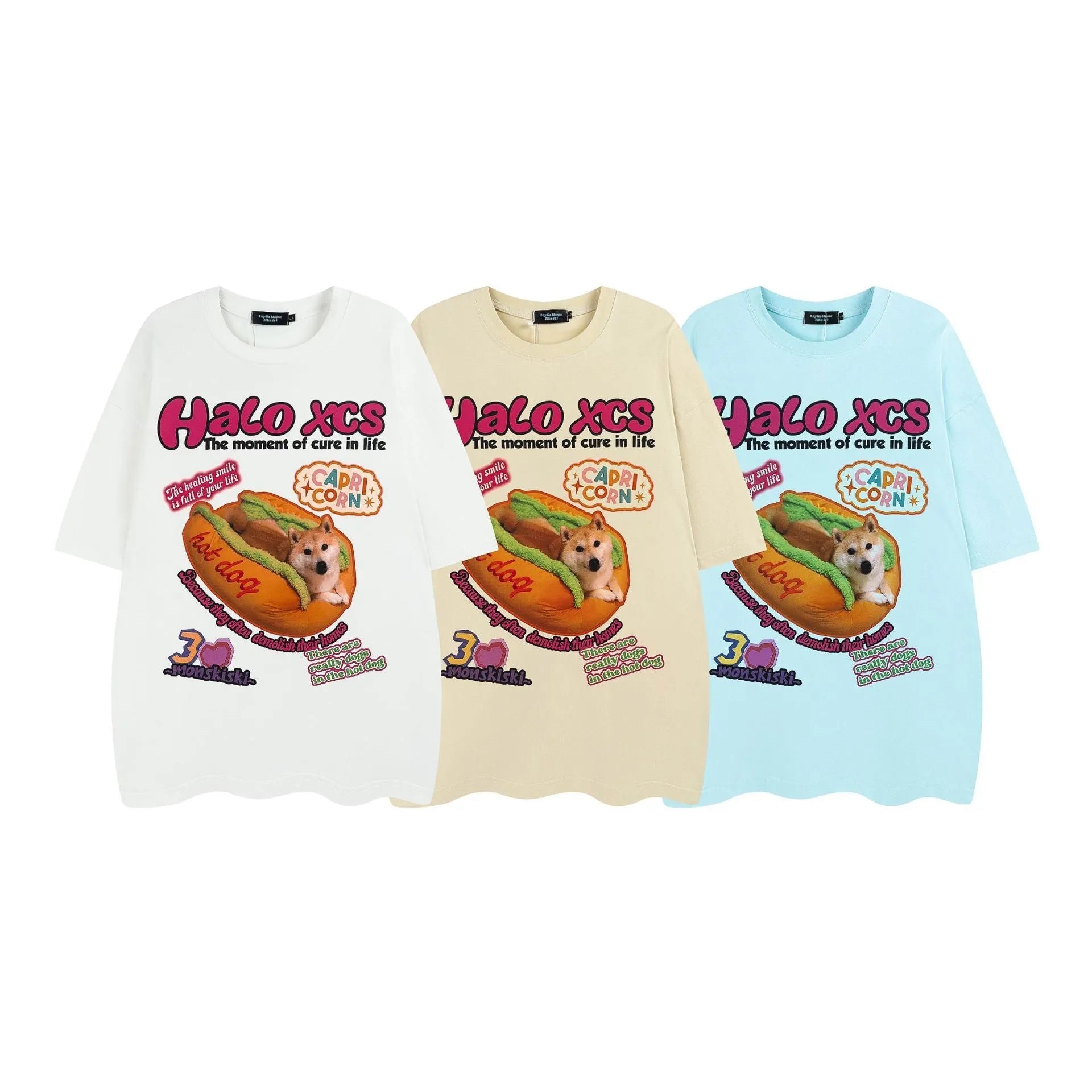 White cotton t-shirt with cartoon hamburger dog print, loose fit short sleeves for couple's casual wear