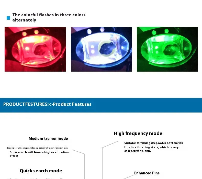 Electronic metal vib fishing lure with luminous elements in blue and red body colours