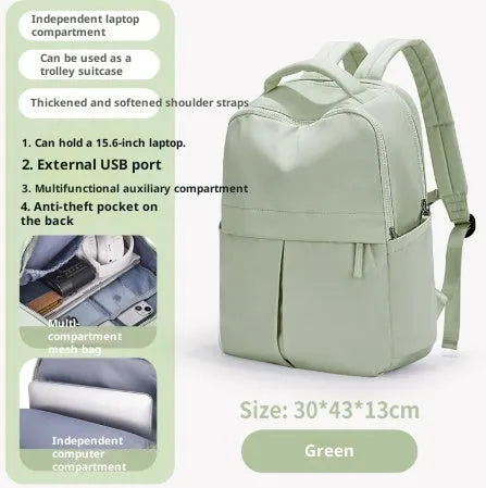 Nylon travel computer backpack with vertical square shape, zipper closure, and double-joint shoulder straps in green on white background