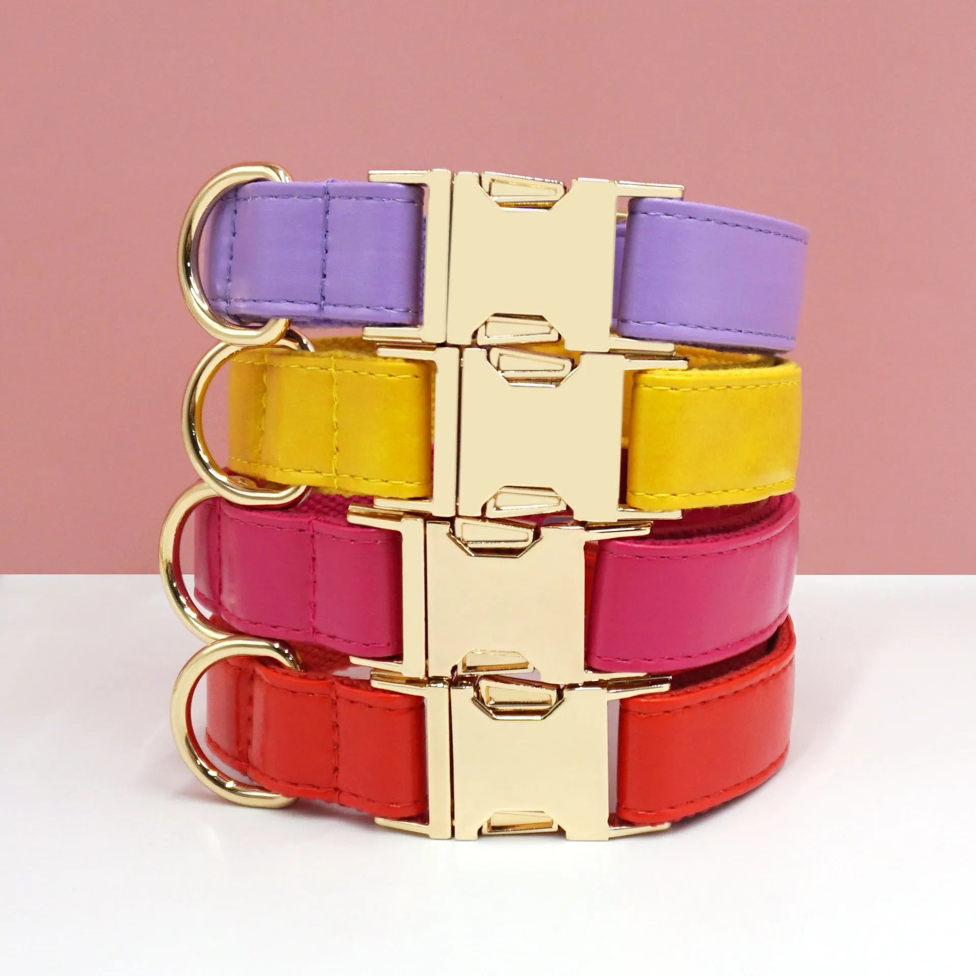 Leather Velvet-style dog collar shown in multiple colour options including caramel, dark blue, and dark brown.