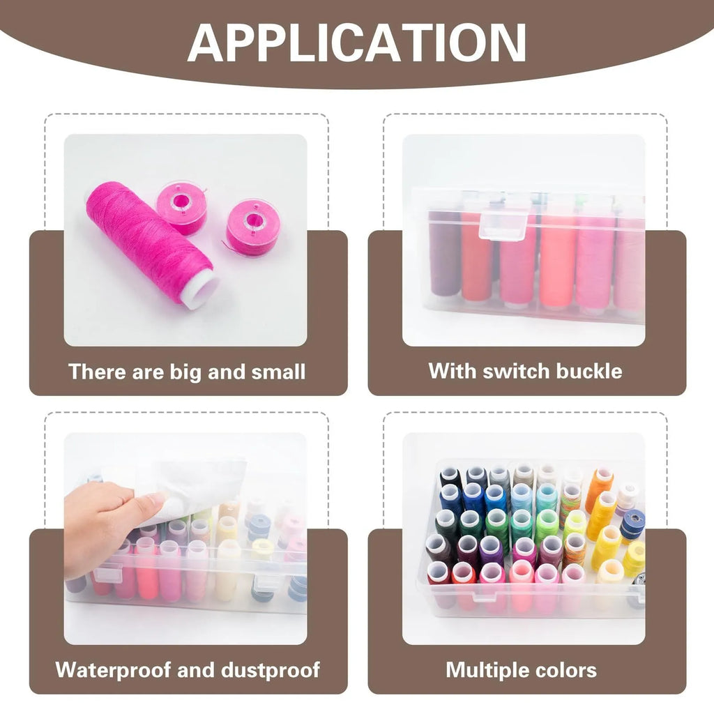 Transparent plastic embroidery thread storage box with 42 individual compartments.