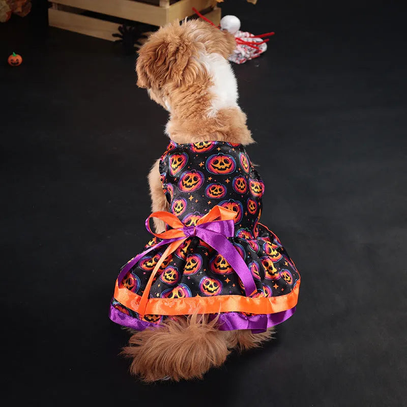 Halloween dog skirt with colourful pumpkin print and adjustable tie waist