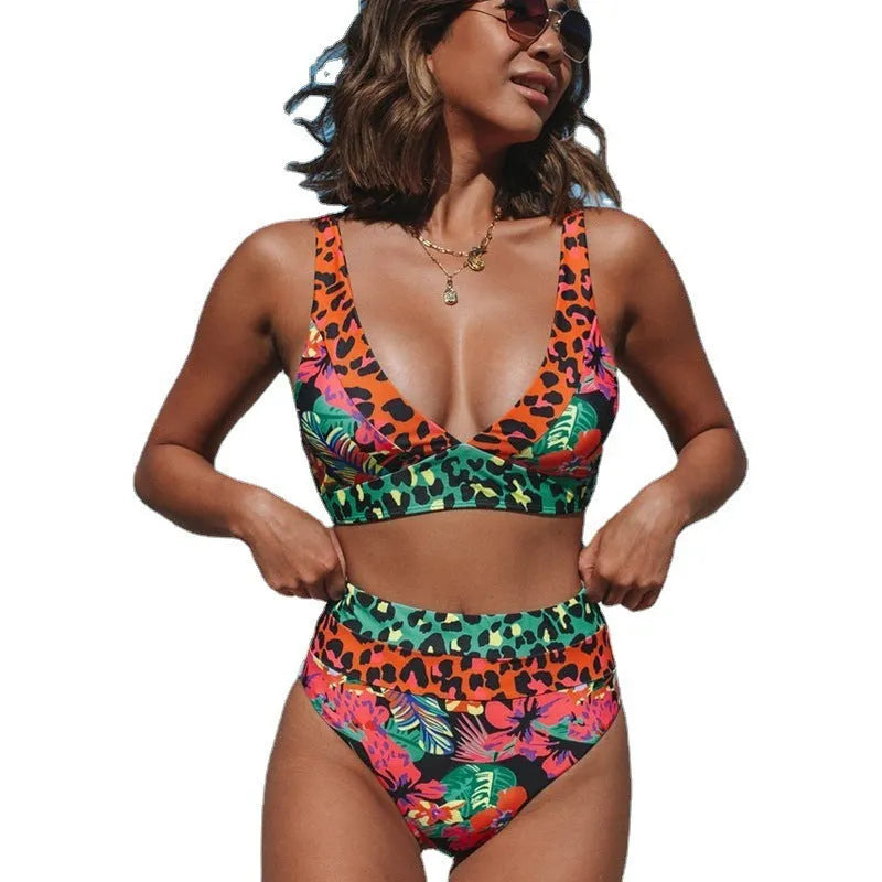 Women's high-waist floral print bikini swimsuit laid flat.