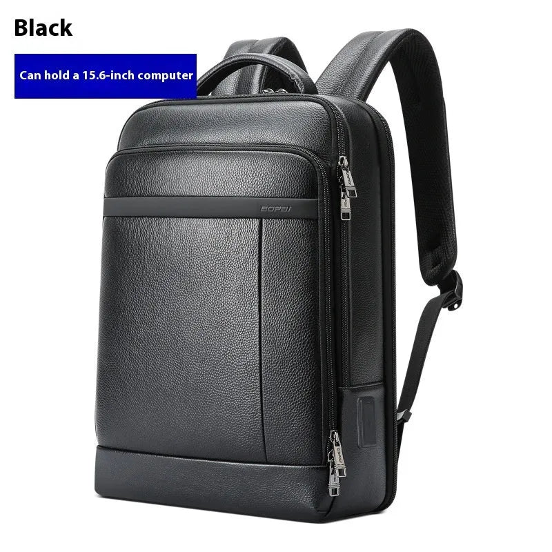Black business leather backpack with USB port and curved shoulder straps
