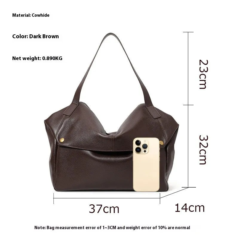 Brown genuine leather women's shoulder bag with square horizontal shape and zipper compartment