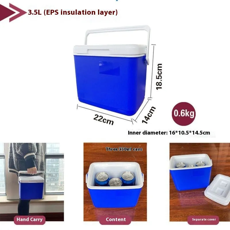 Blue portable insulated car cooler box with aluminium foil construction.