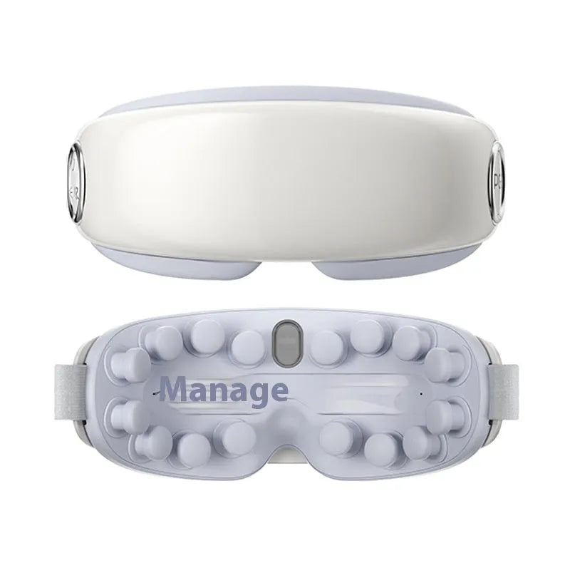 Bluetooth hot compress and steam moisturising eye massager in purplish grey, green, or ink grey colour.