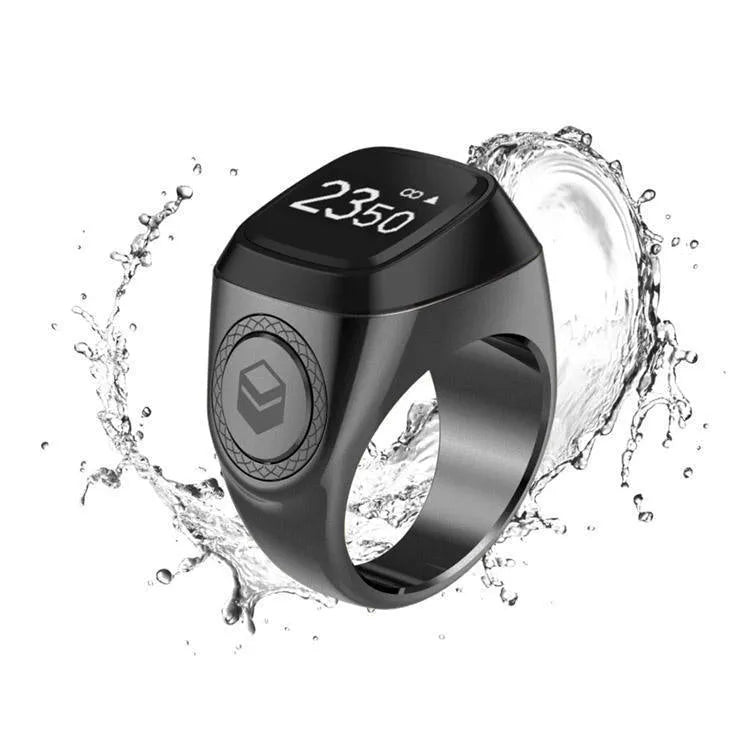Zikr1 smart ring for Tasbih counting with OLED display showing prayer times