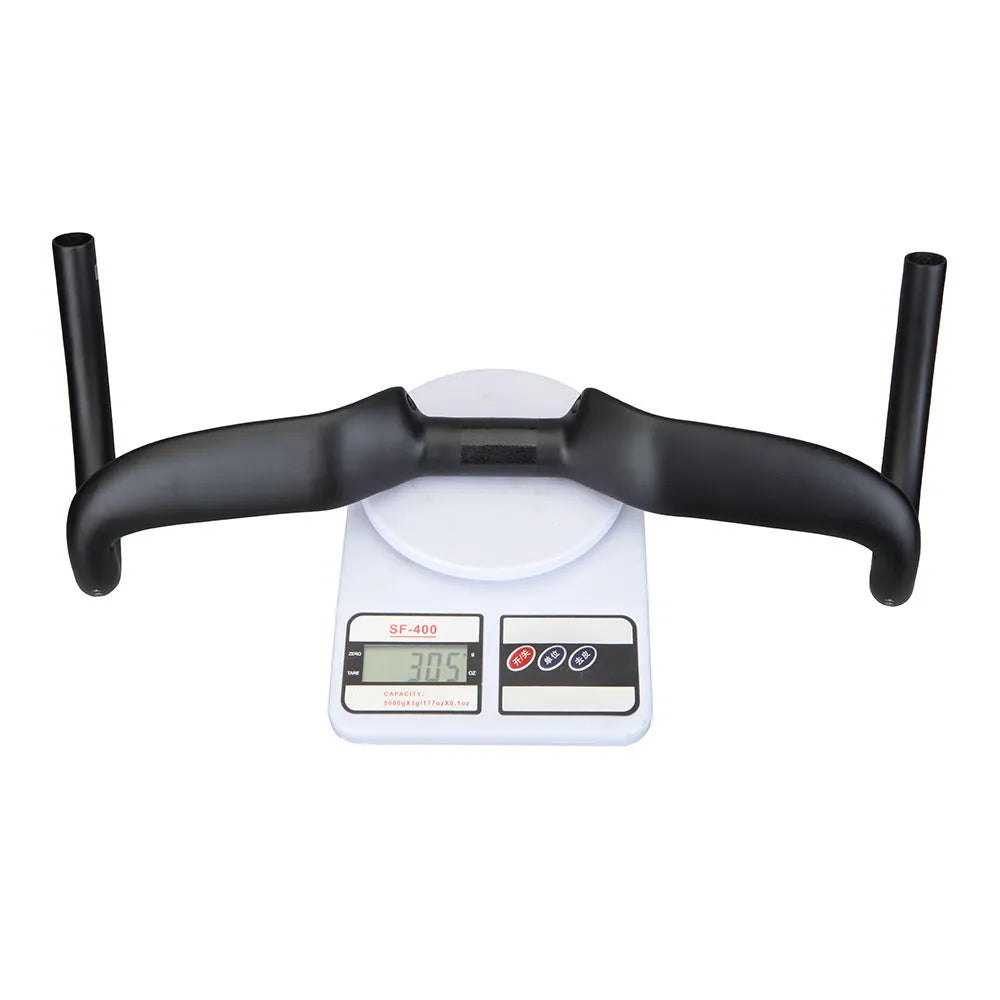 Black carbon fibre road bicycle handlebars showing large swing angle design