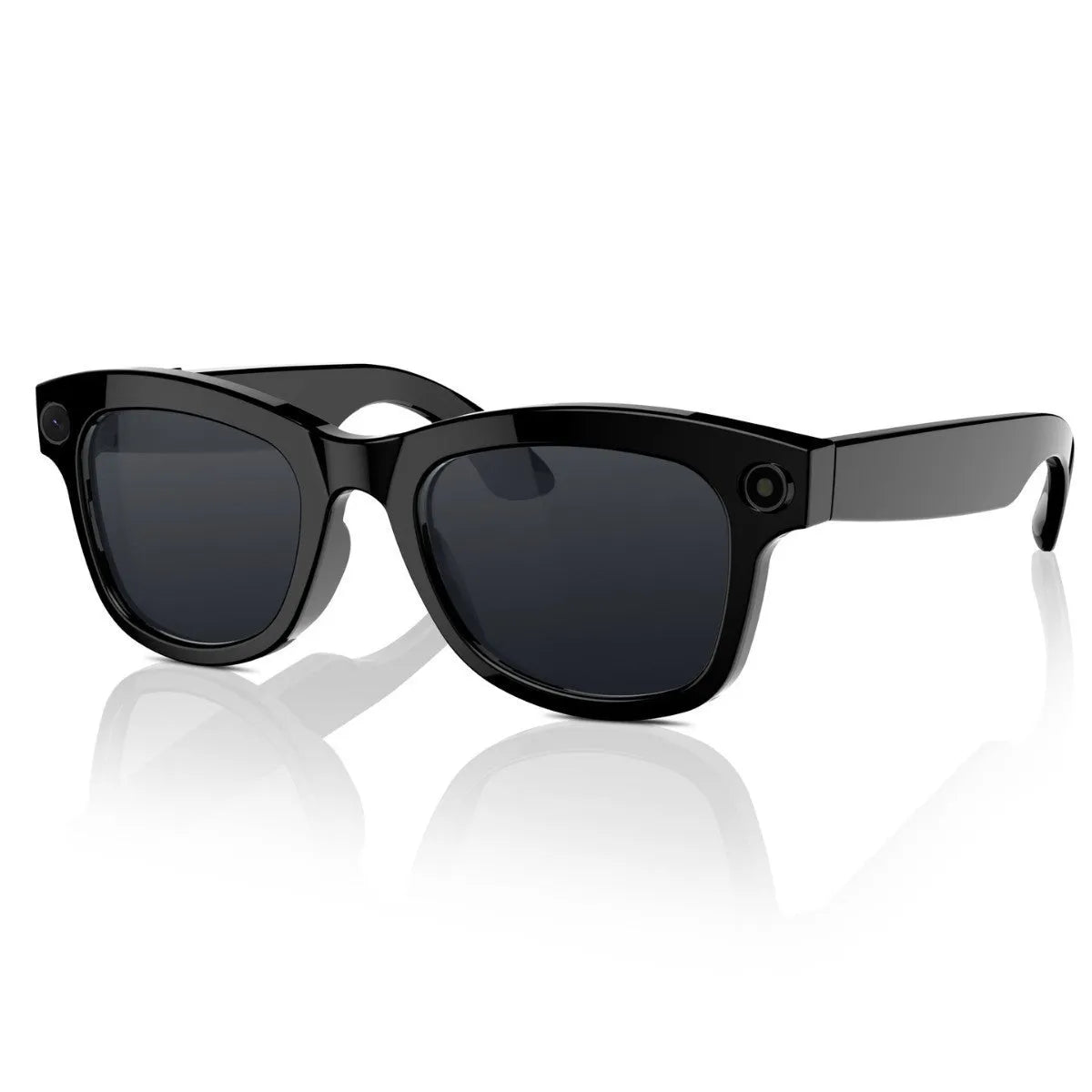 AI translation video glasses with black lens option on a table, showing camera and frame.