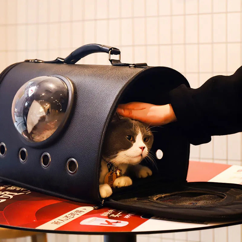 PU leather cat bag space capsule diagonal shoulder carrier in Classic Black with plain finish