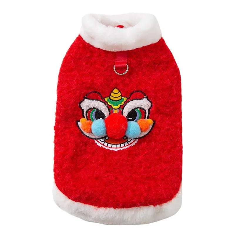 Red pet lion dance sweater with 3D face, colourful pom-poms, and leash ring on small dog