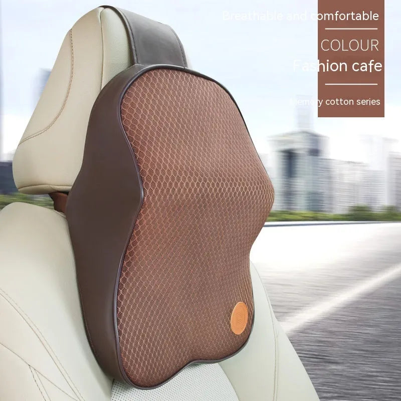 Memory foam car headrest pillow and lumbar support pillow in a choice of seven colours including black, brown, and red.