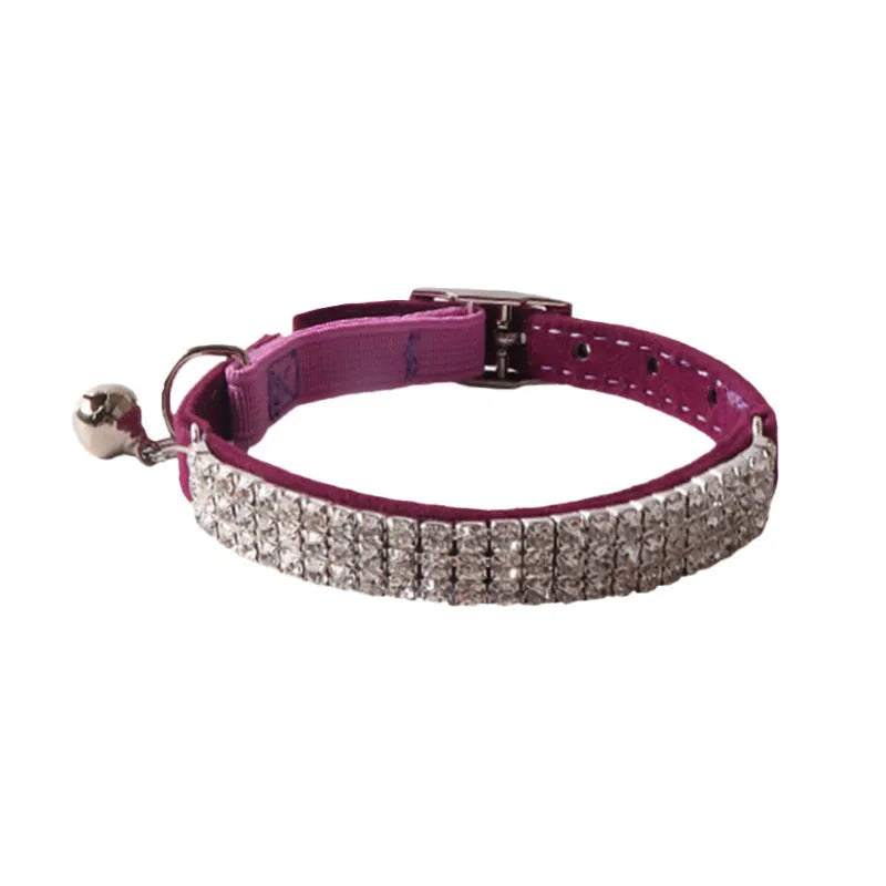 Soft flocking cat collar with an elastic buckle, shown in pink, black, red, blue, purple, and dark brown.