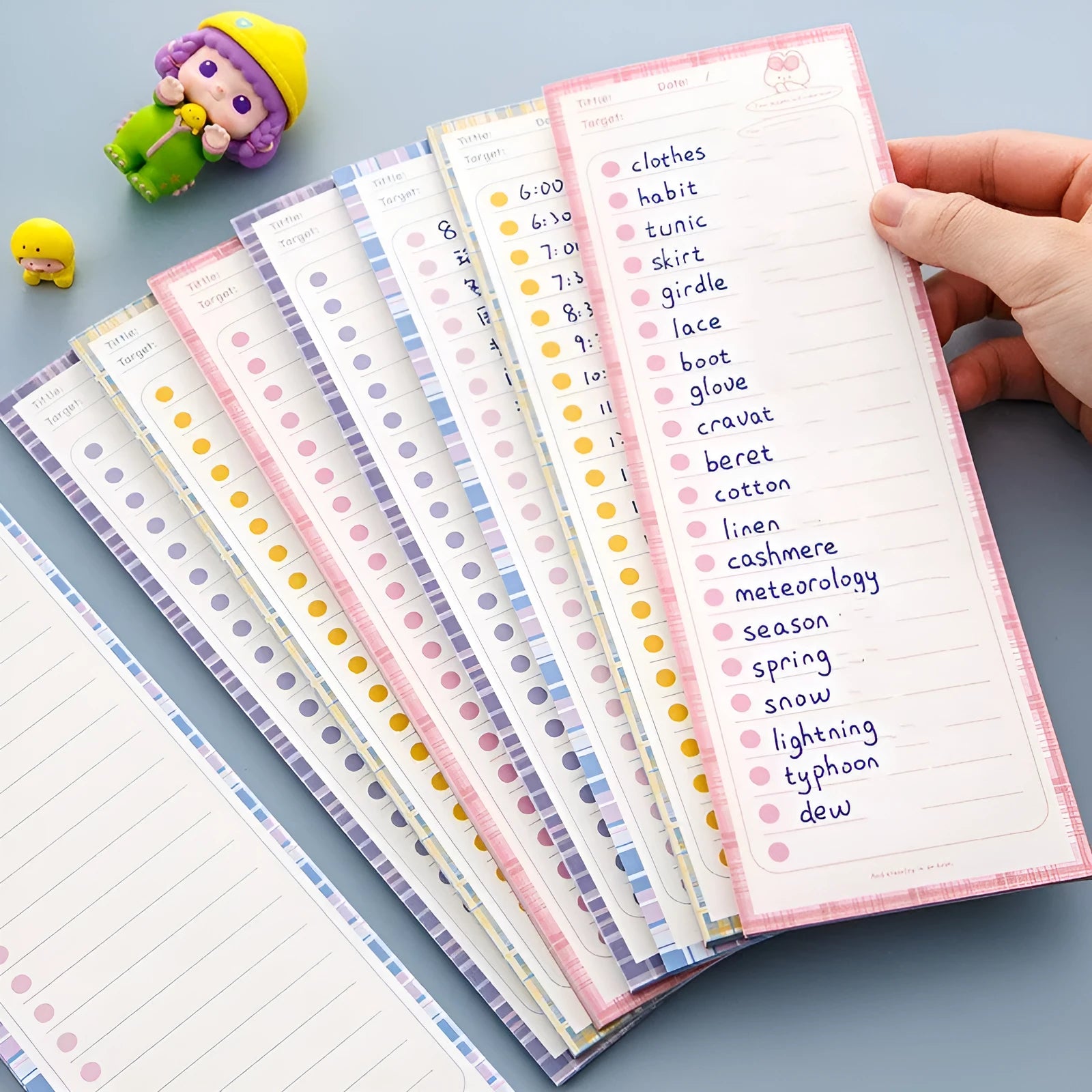 Long sticky note pad with bear and bunny designs, 50 sheets of 80g paper, 91mm by 256mm size.
