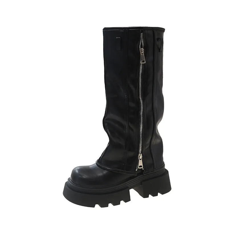Women's black platform muffin pants Martin boots with a square heel and high cylinder sock design.