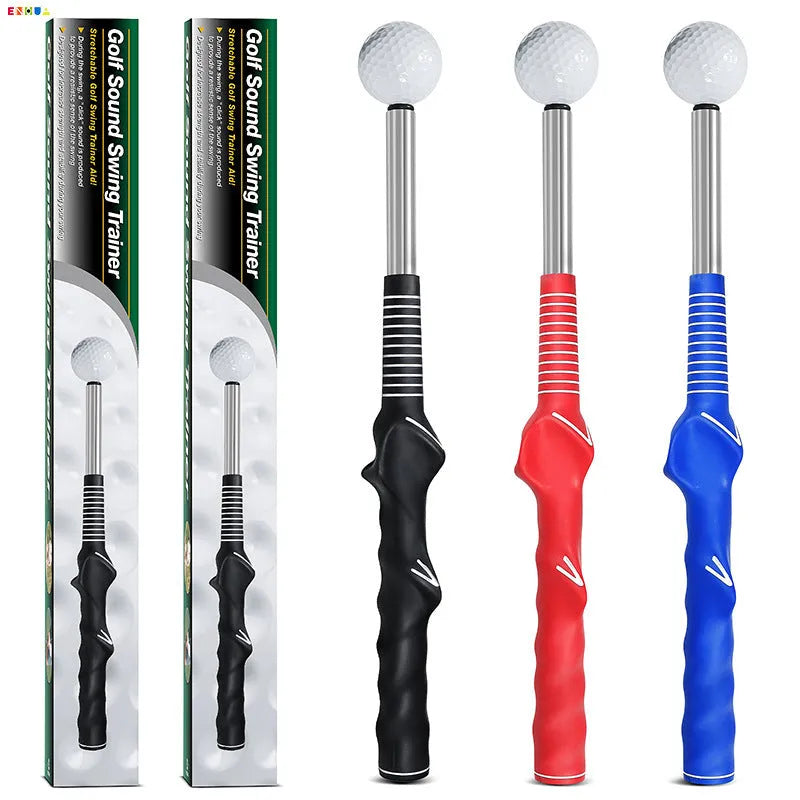 Telescopic golf swing trainer with stainless steel pole and practice net in black, blue, or red