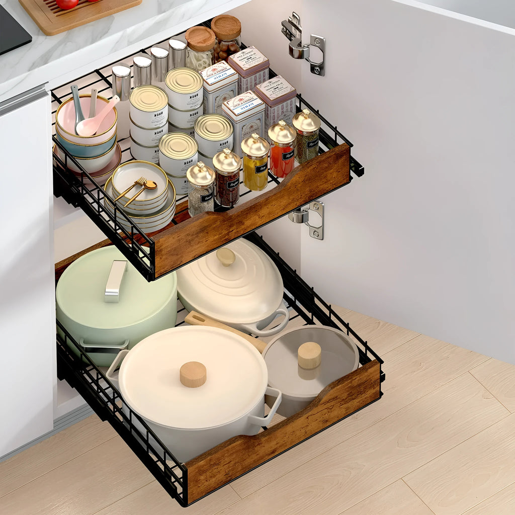 Black wooden and iron pull-out basket storage rack for kitchen or cabinet organisation.