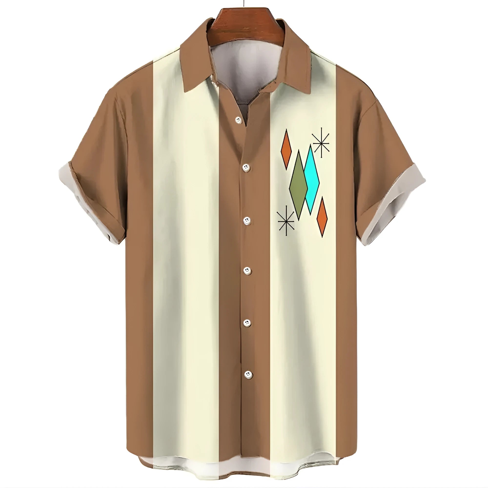 Man wearing a blue and white striped Hawaiian style short sleeve button-down shirt.