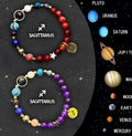 Set of twelve natural stone beaded bracelets with adjustable knots, each representing a different zodiac sign.