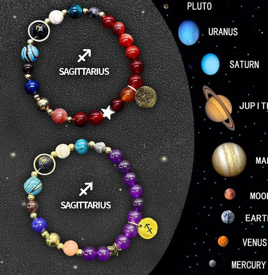 Set of twelve natural stone beaded bracelets with adjustable knots, each representing a different zodiac sign.