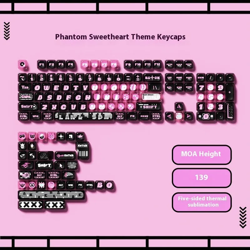 Full set of colourful cartoon pig themed PBT keycaps for mechanical keyboards on a white background.
